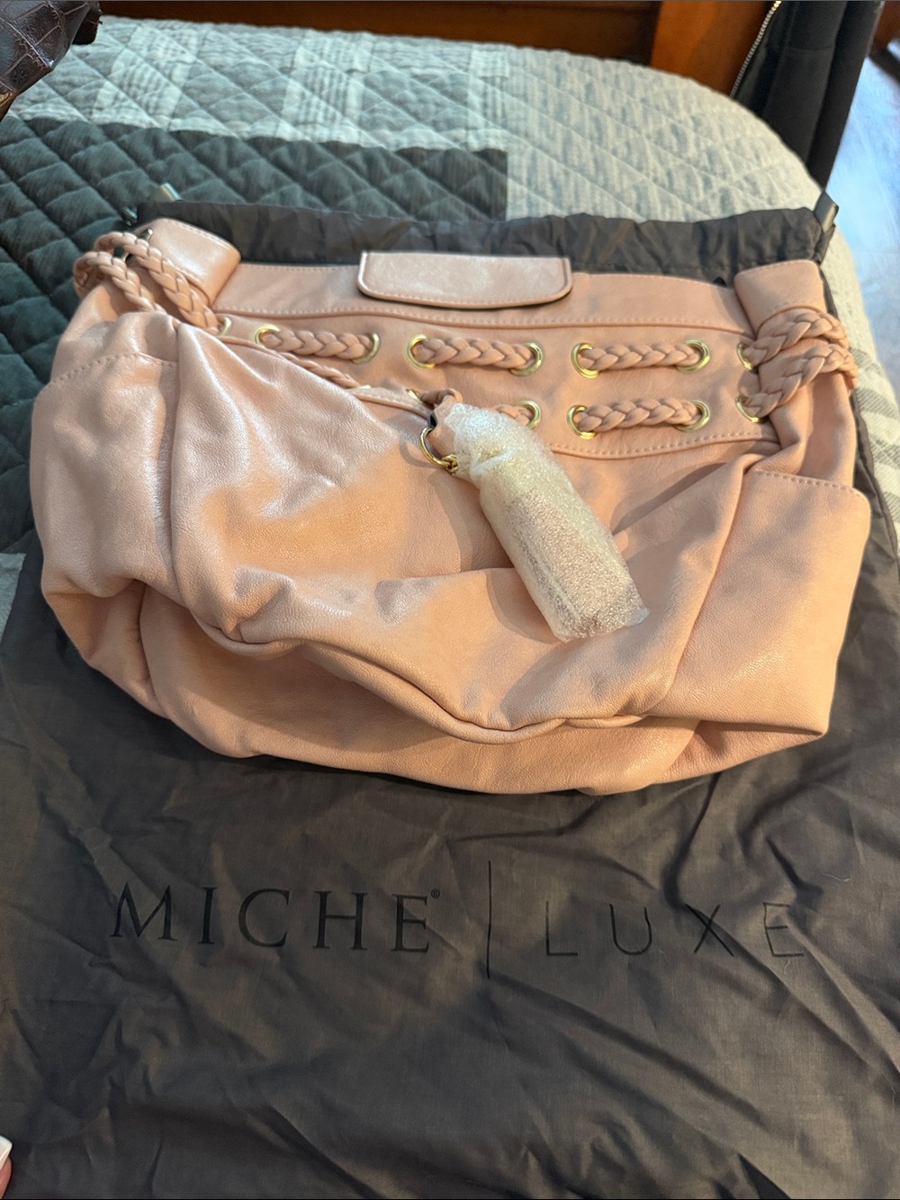 Miche Blush Pink Braided-Handle Shoulder Bag with Gold Accents